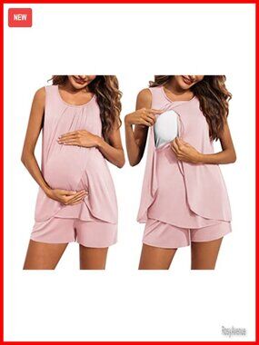 Maternity Nursing Pajama Set Sleeveless Top & Shorts 95% Rayon 5% Spandex